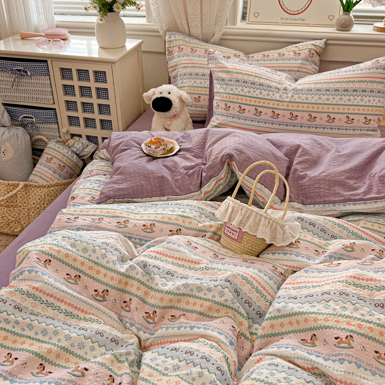 91家纺网 家纺一手货源 找家纺 暖伊家居 2026新款糖果小布袋泡芙纱四件套 费尔岛