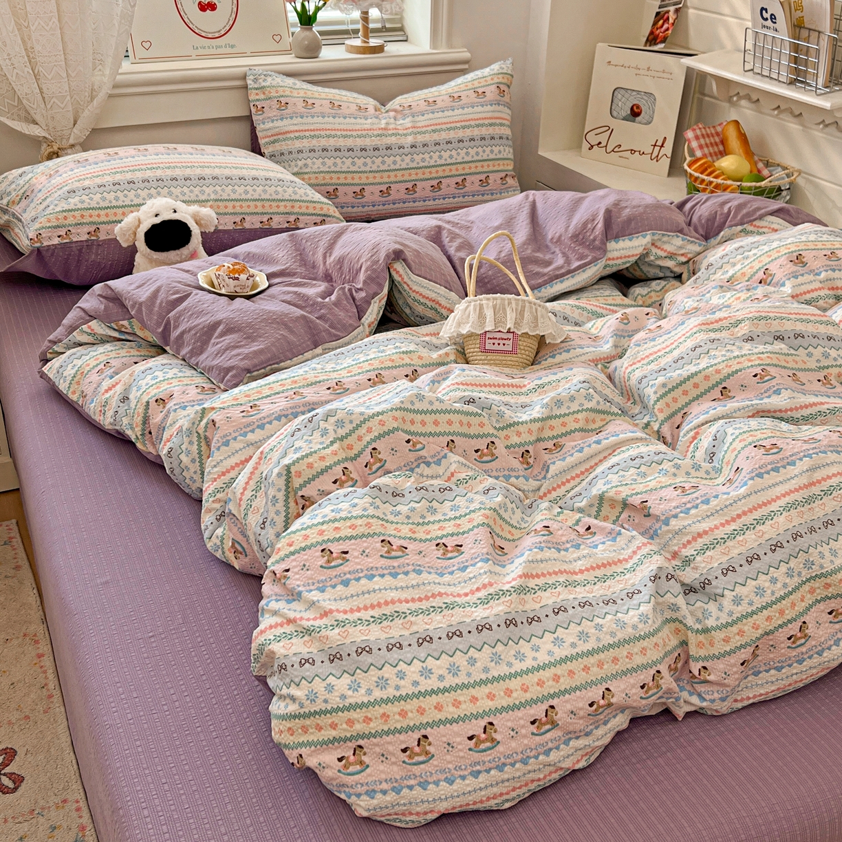 91家纺网 家纺一手货源 找家纺 暖伊家居 2026新款糖果小布袋泡芙纱四件套 费尔岛