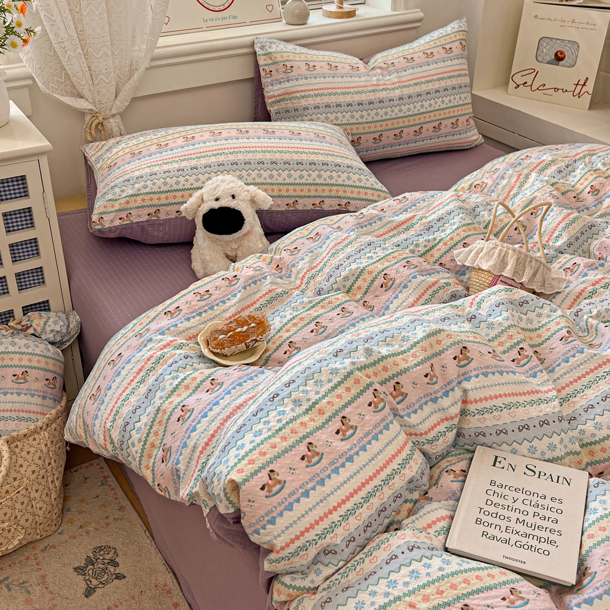 91家纺网 家纺一手货源 找家纺 暖伊家居 2026新款糖果小布袋泡芙纱四件套 费尔岛