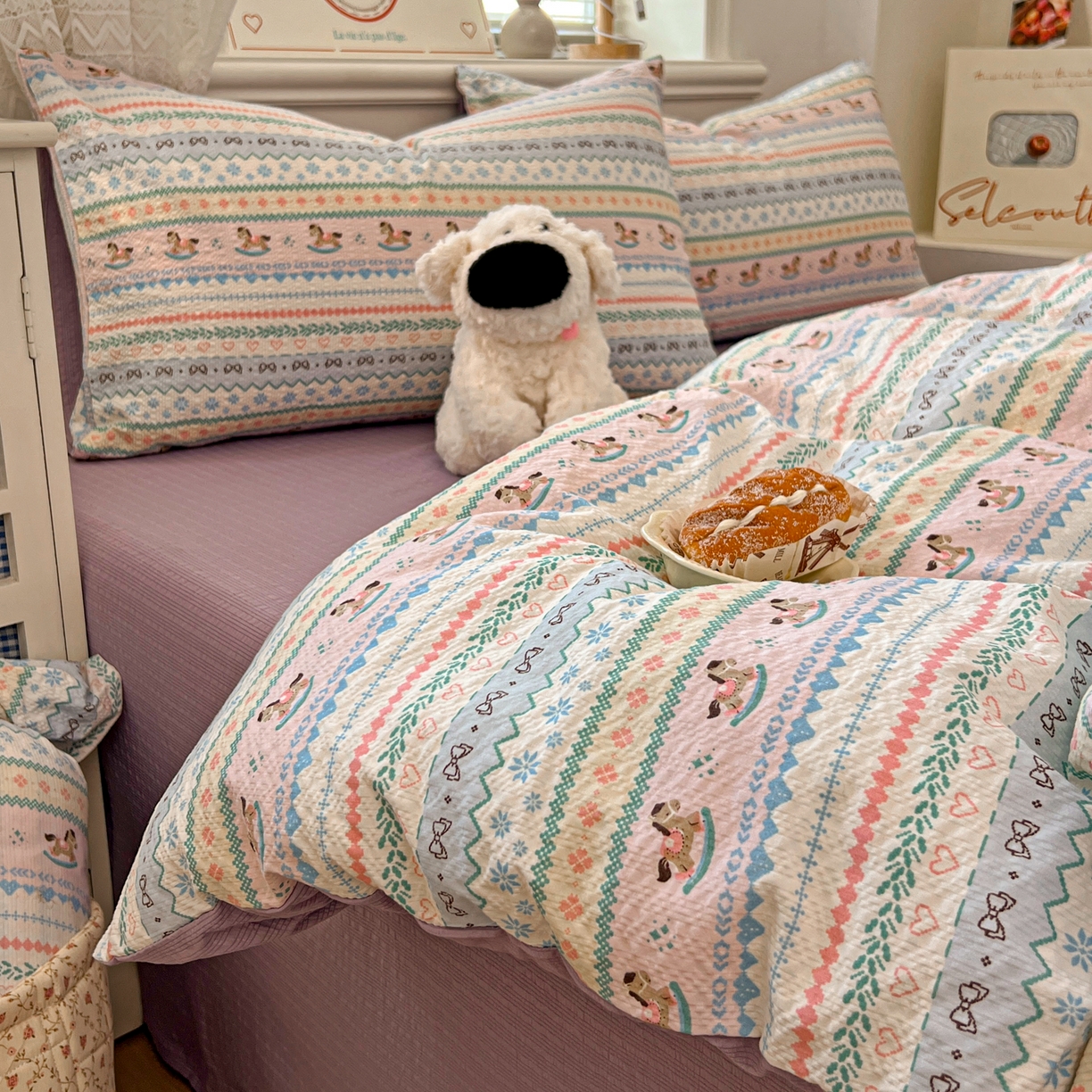 91家纺网 家纺一手货源 找家纺 暖伊家居 2026新款糖果小布袋泡芙纱四件套 费尔岛