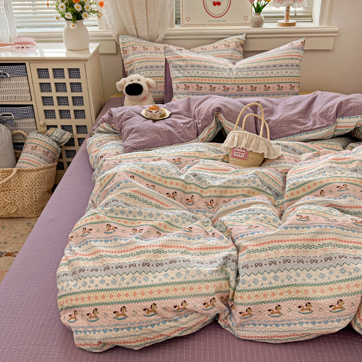 91家纺网 家纺一手货源 找家纺 暖伊家居 2026新款糖果小布袋泡芙纱四件套 费尔岛