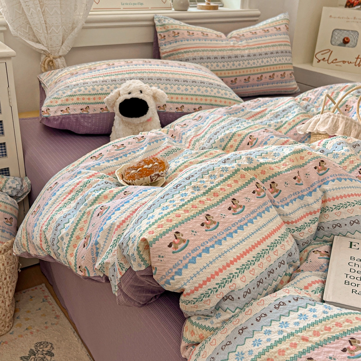 91家纺网 家纺一手货源 找家纺 暖伊家居 2026新款糖果小布袋泡芙纱四件套 费尔岛