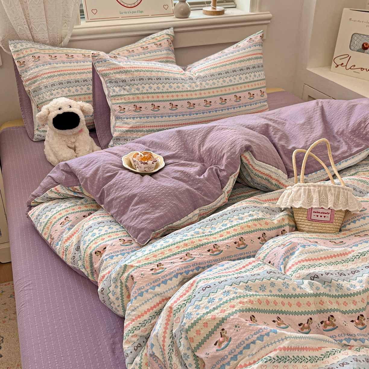 91家纺网 家纺一手货源 找家纺 暖伊家居 2026新款糖果小布袋泡芙纱四件套 费尔岛