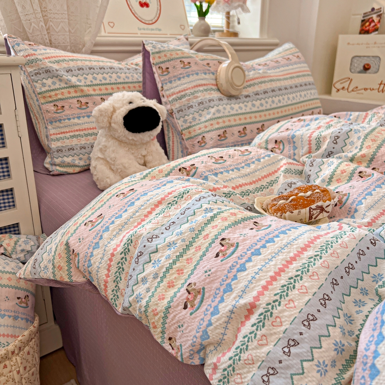 91家纺网 家纺一手货源 找家纺 暖伊家居 2026新款糖果小布袋泡芙纱四件套 费尔岛