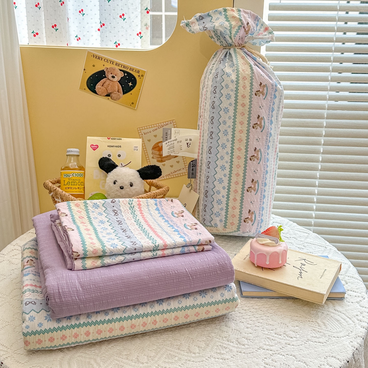 暖伊家居 2026新款糖果小布袋泡芙纱四件套 费尔岛