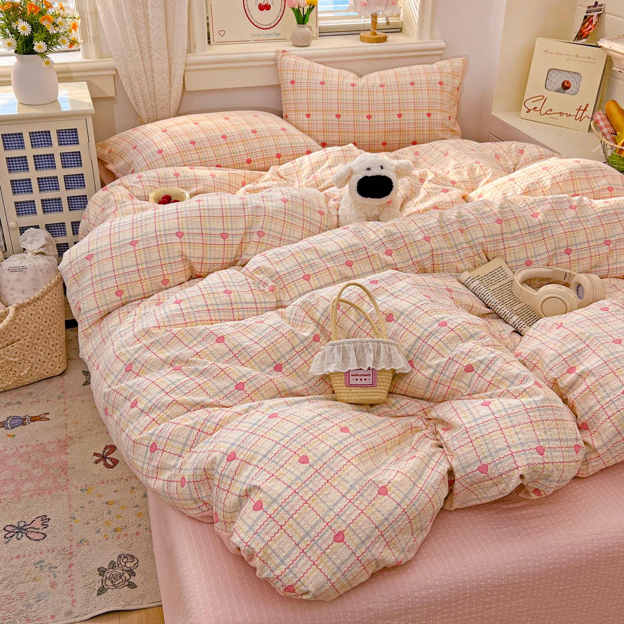 91家纺网 家纺一手货源 找家纺 暖伊家居 2026新款糖果小布袋泡芙纱四件套 格纹爱心