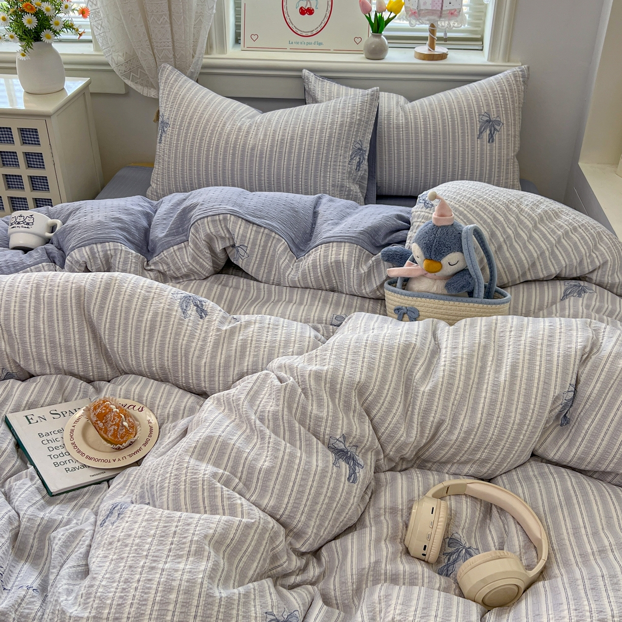 91家纺网 家纺一手货源 找家纺 暖伊家居 2026新款糖果小布袋泡芙纱四件套 海盐蝴蝶结