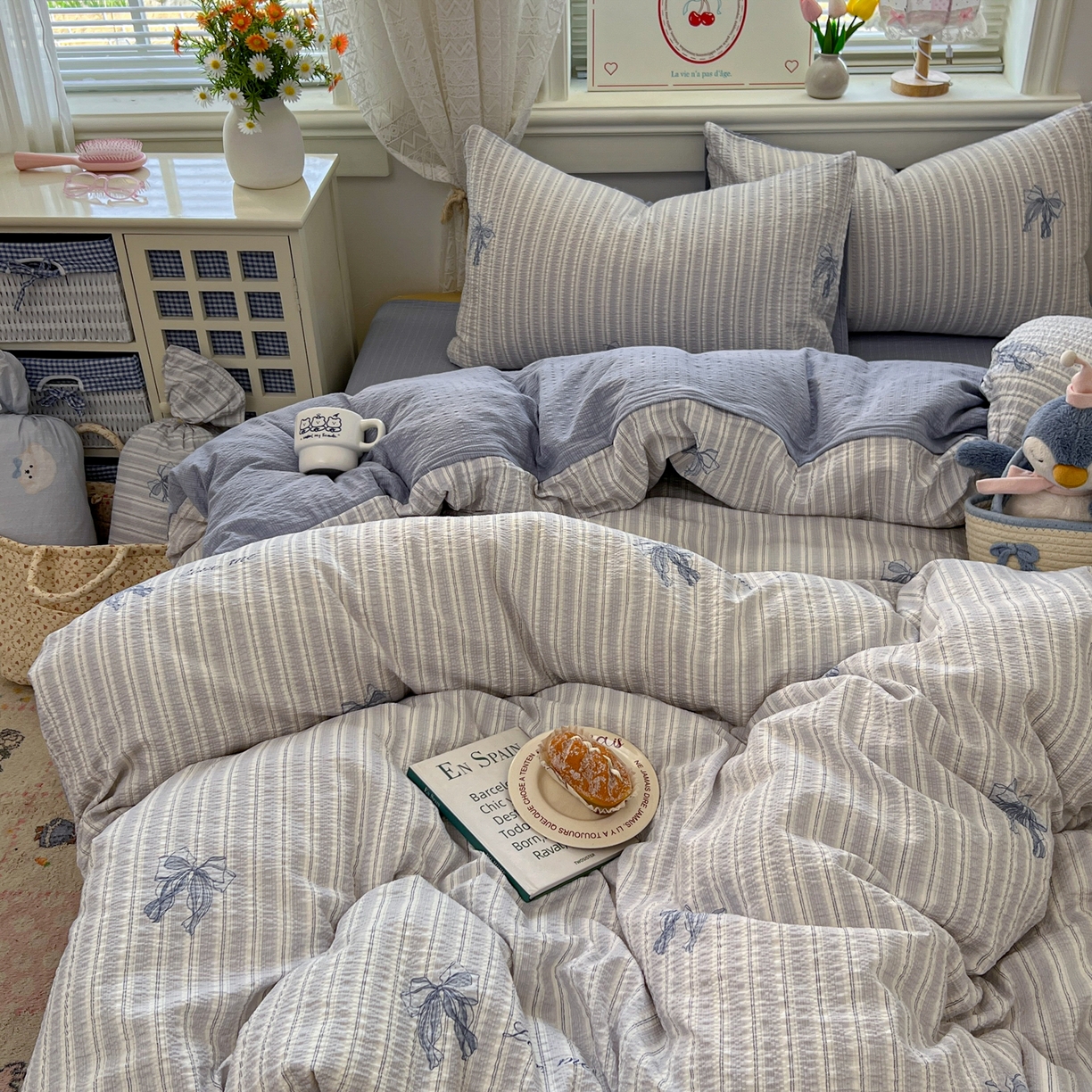 91家纺网 家纺一手货源 找家纺 暖伊家居 2026新款糖果小布袋泡芙纱四件套 海盐蝴蝶结