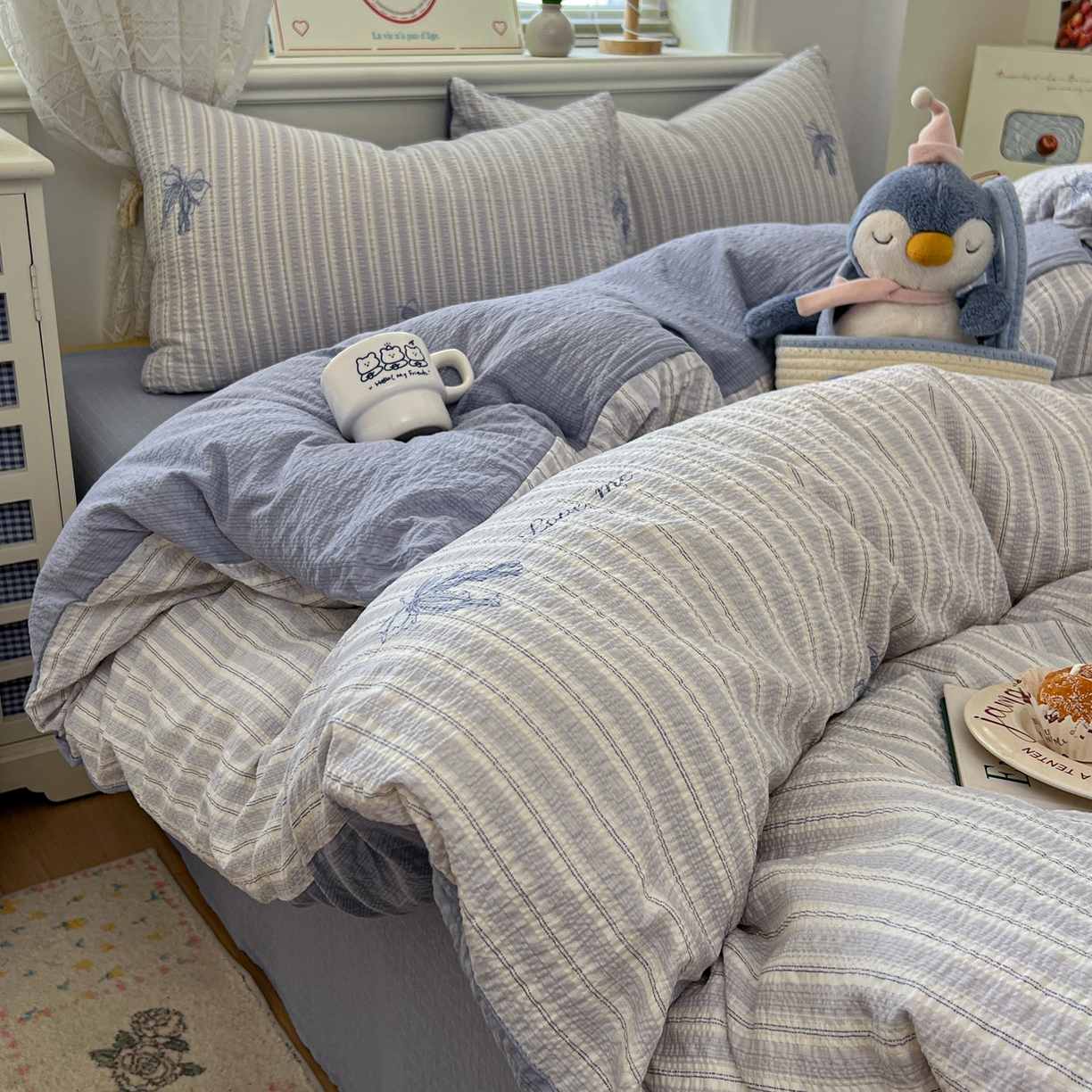 91家纺网 家纺一手货源 找家纺 暖伊家居 2026新款糖果小布袋泡芙纱四件套 海盐蝴蝶结