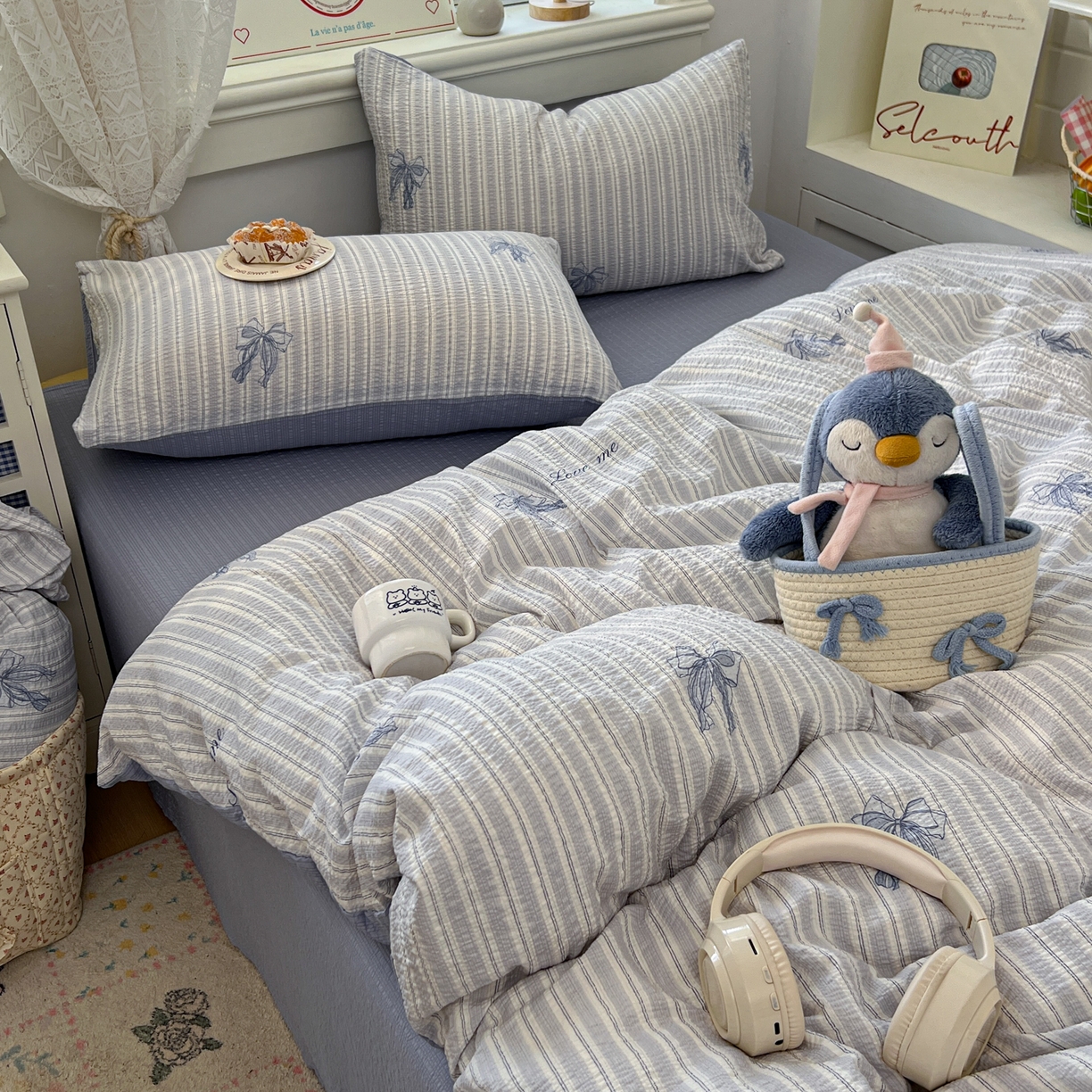 91家纺网 家纺一手货源 找家纺 暖伊家居 2026新款糖果小布袋泡芙纱四件套 海盐蝴蝶结