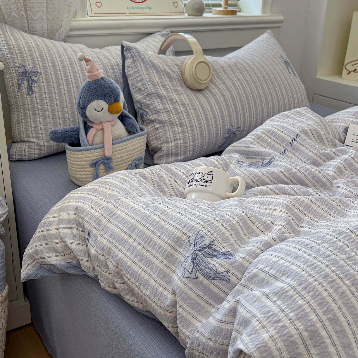 91家纺网 家纺一手货源 找家纺 暖伊家居 2026新款糖果小布袋泡芙纱四件套 海盐蝴蝶结