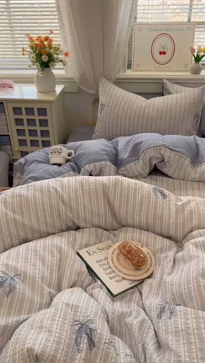 91家纺网 家纺一手货源 找家纺 暖伊家居 2026新款糖果小布袋泡芙纱四件套 海盐蝴蝶结