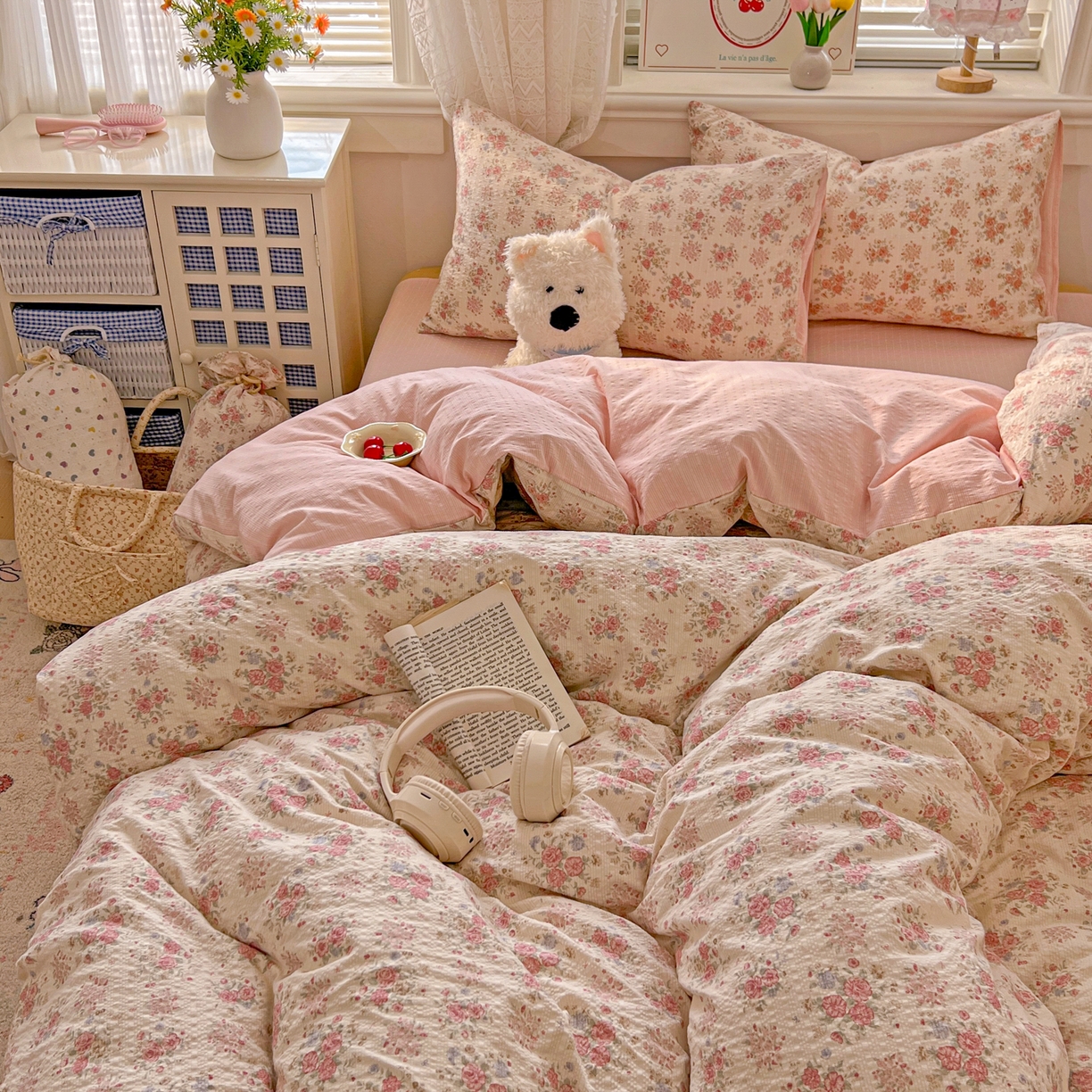 91家纺网 家纺一手货源 找家纺 暖伊家居 2026新款糖果小布袋泡芙纱四件套 韩式梨梦