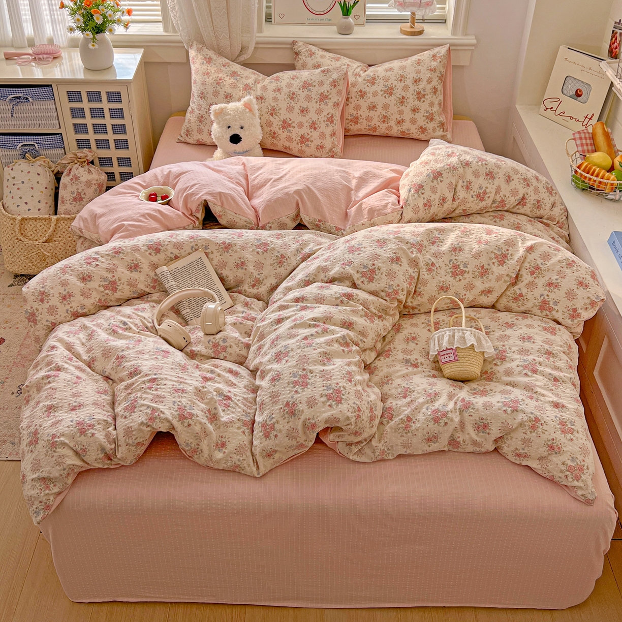 91家纺网 家纺一手货源 找家纺 暖伊家居 2026新款糖果小布袋泡芙纱四件套 韩式梨梦