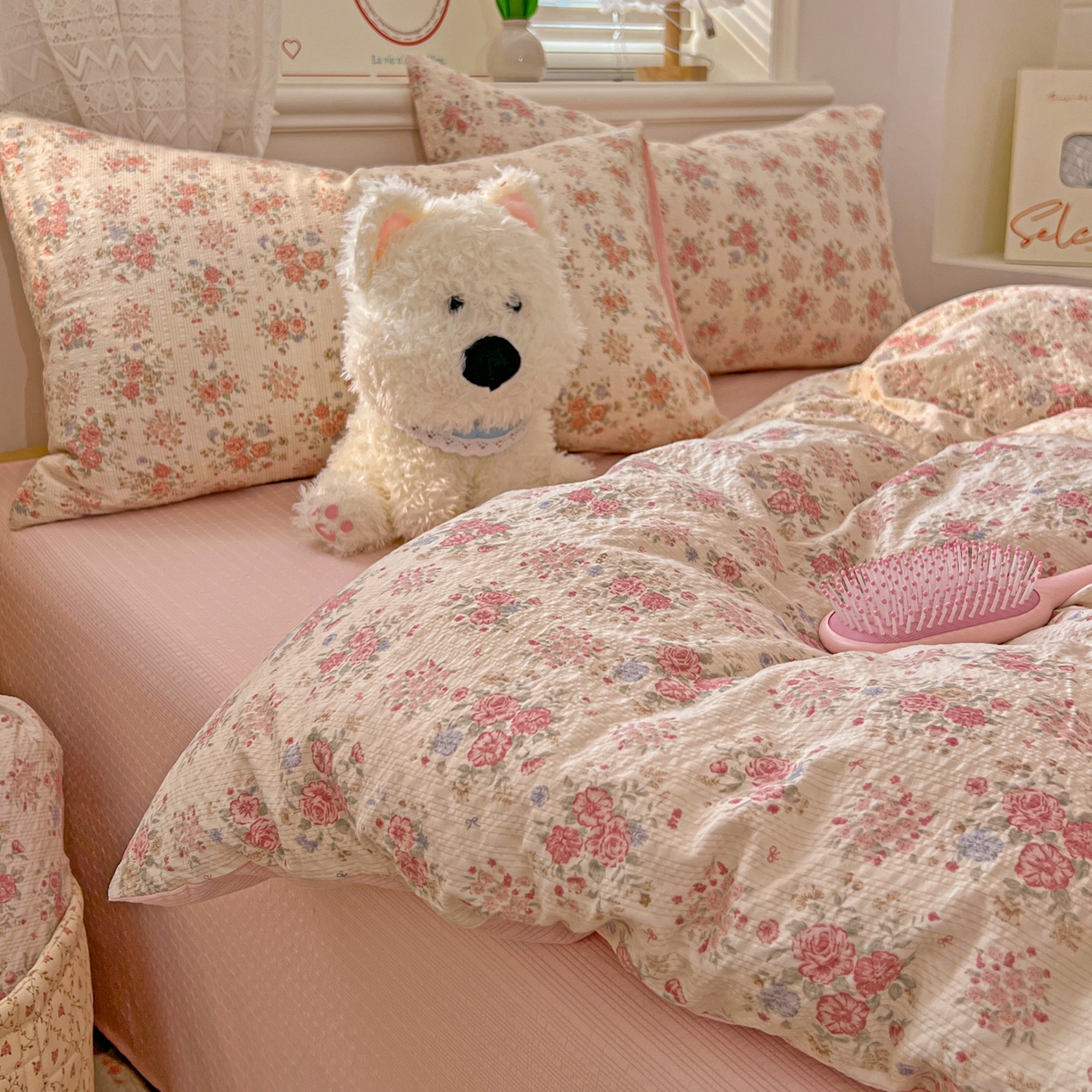 91家纺网 家纺一手货源 找家纺 暖伊家居 2026新款糖果小布袋泡芙纱四件套 韩式梨梦