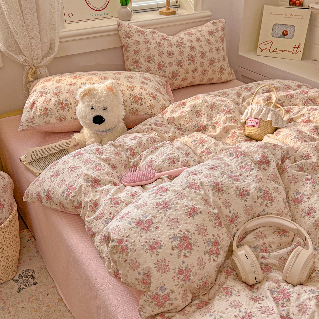 91家纺网 家纺一手货源 找家纺 暖伊家居 2026新款糖果小布袋泡芙纱四件套 韩式梨梦