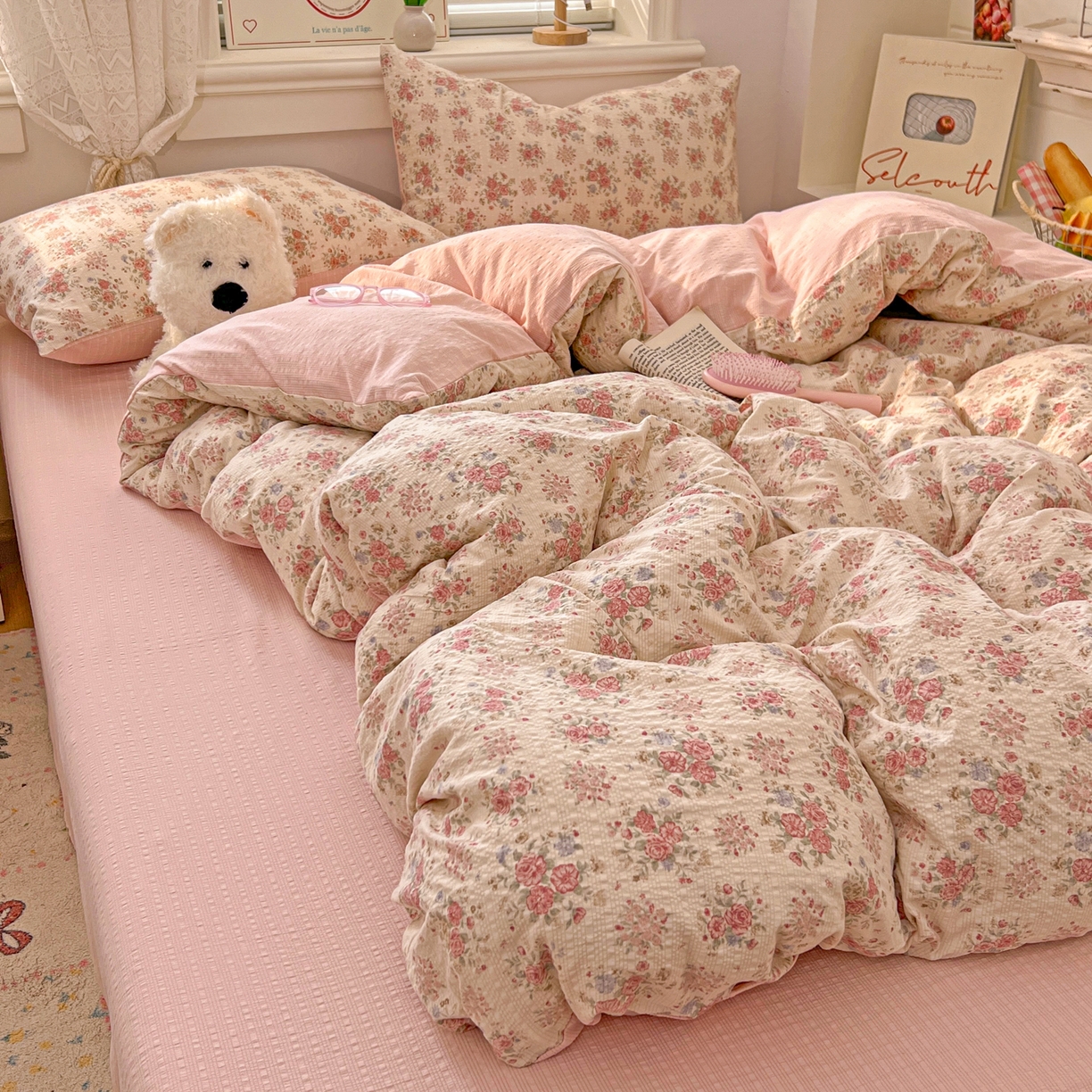 91家纺网 家纺一手货源 找家纺 暖伊家居 2026新款糖果小布袋泡芙纱四件套 韩式梨梦