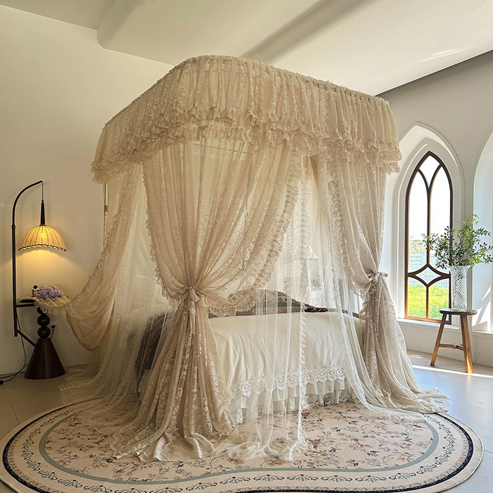 都市缘蚊帐 2026春夏新款单双层豪华高端蕾丝提花款导轨蚊帐-玫瑰庄园-305款 305款玫瑰庄园奶油杏