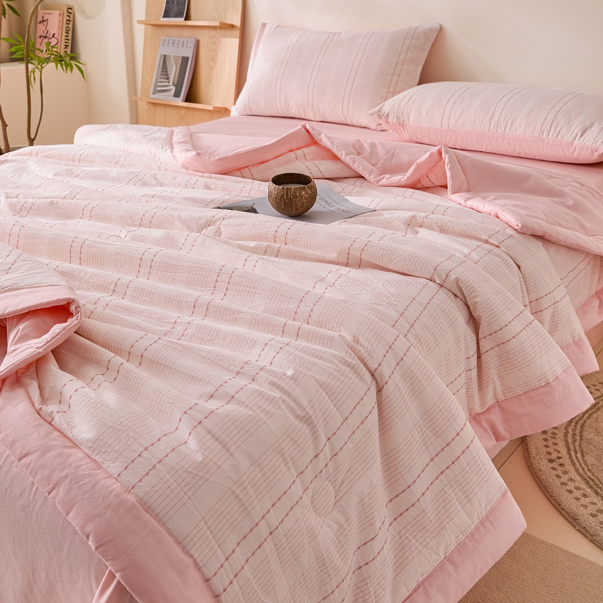 91家纺网 家纺一手货源 找家纺 吾诺家居 2026春夏新款全棉大提花棉花夏被夏凉被空调被-星空系列 星空-浅粉