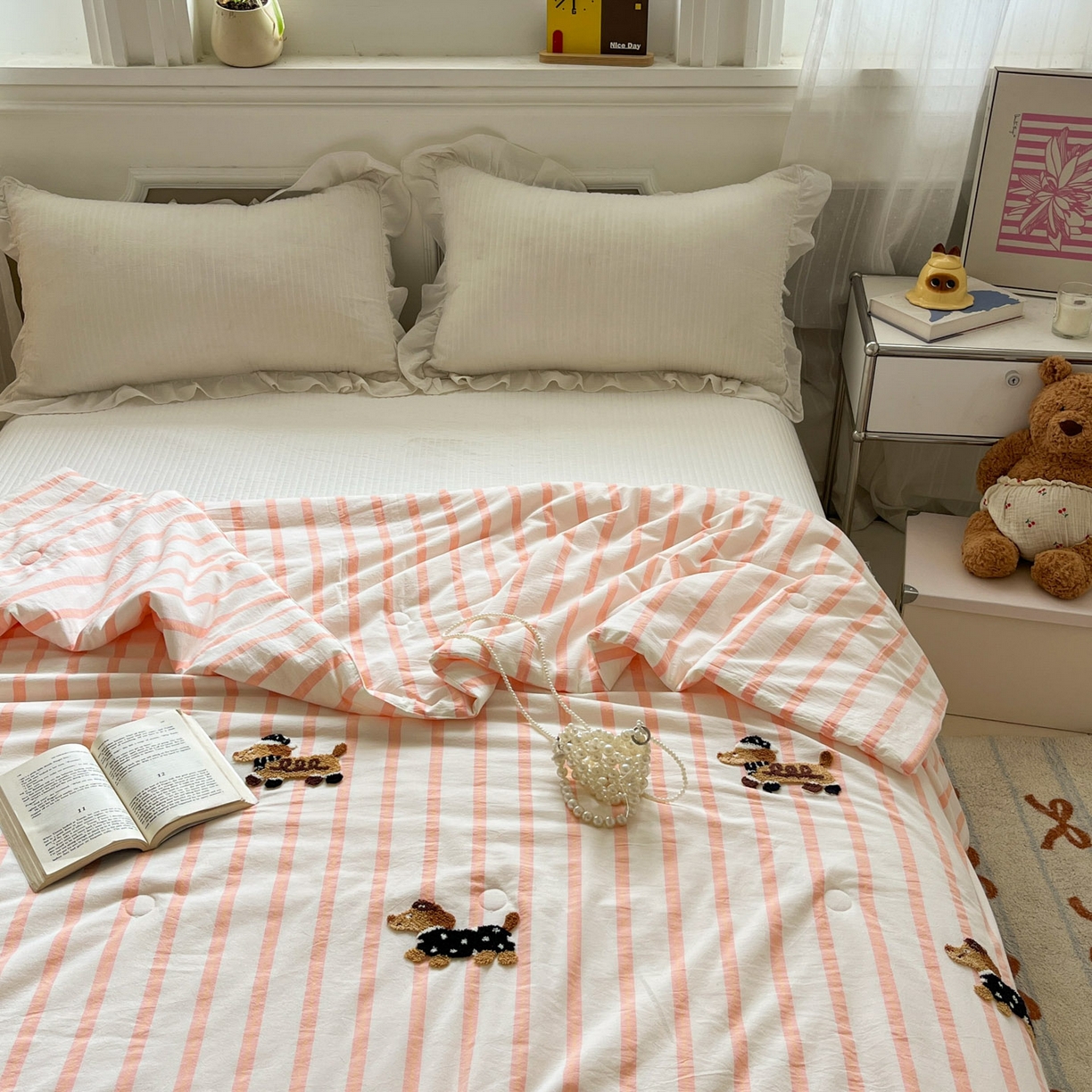 91家纺网 家纺一手货源 找家纺 （总）一加一 2026新款全棉色织水洗棉毛巾绣大豆夏被夏凉被空调被-腊肠狗