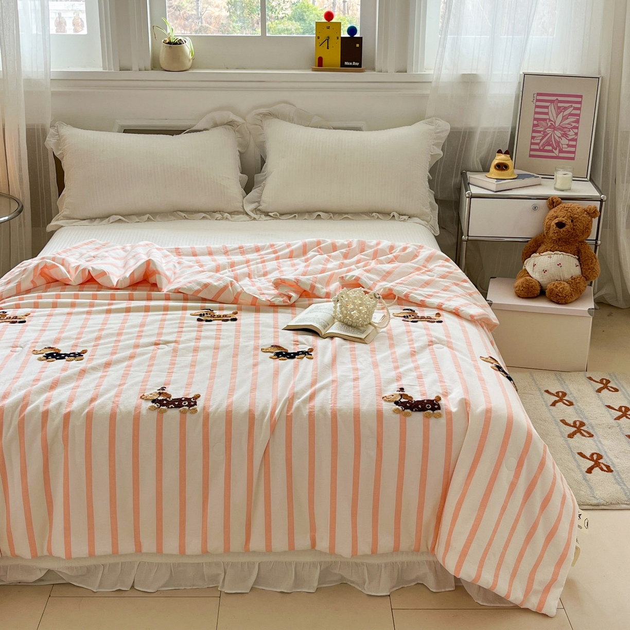 91家纺网 家纺一手货源 找家纺 （总）一加一 2026新款全棉色织水洗棉毛巾绣大豆夏被夏凉被空调被-腊肠狗