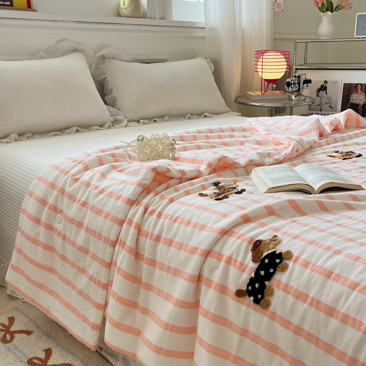 91家纺网 家纺一手货源 找家纺 （总）一加一 2026新款全棉色织水洗棉毛巾绣大豆夏被夏凉被空调被-腊肠狗