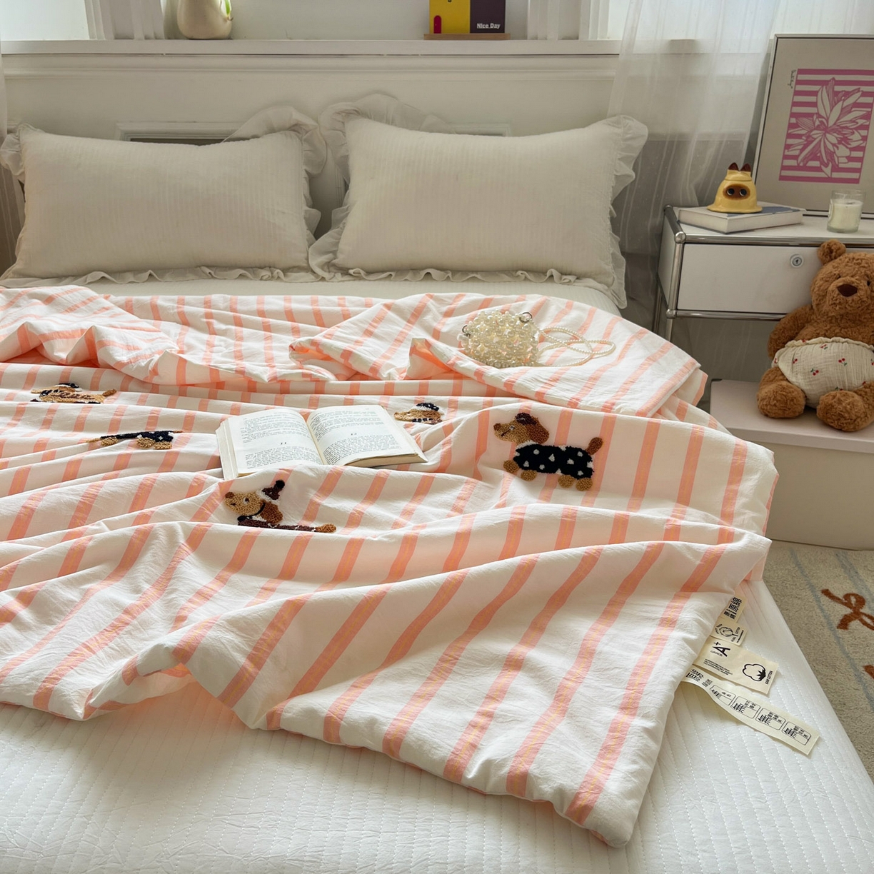 91家纺网 家纺一手货源 找家纺 （总）一加一 2026新款全棉色织水洗棉毛巾绣大豆夏被夏凉被空调被-腊肠狗