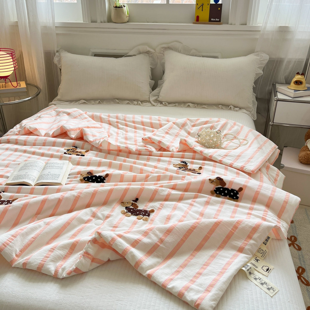 91家纺网 家纺一手货源 找家纺 （总）一加一 2026新款全棉色织水洗棉毛巾绣大豆夏被夏凉被空调被-腊肠狗