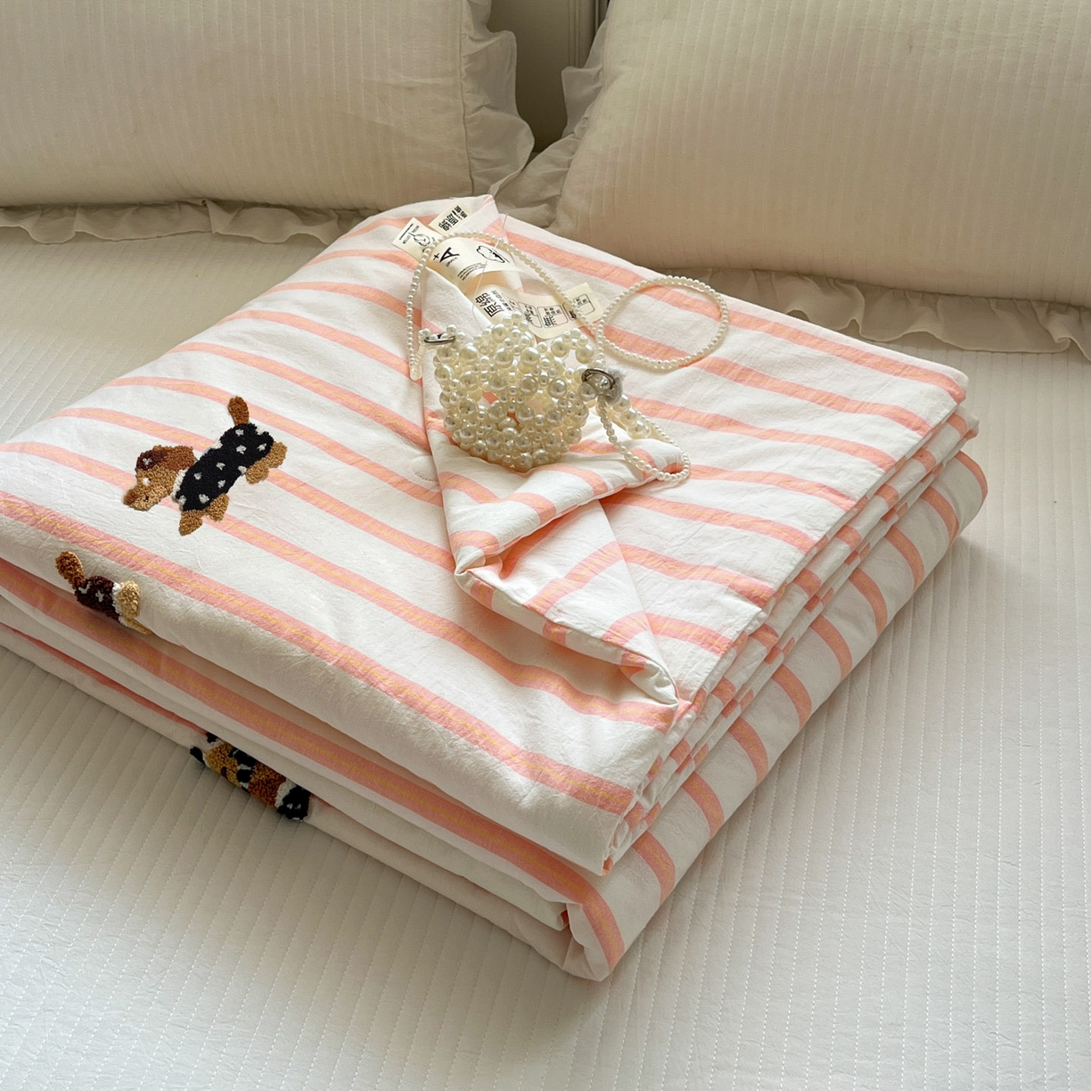一加一 2026新款全棉色织水洗棉毛巾绣大豆夏被夏凉被空调被-腊肠狗 腊肠狗-粉条