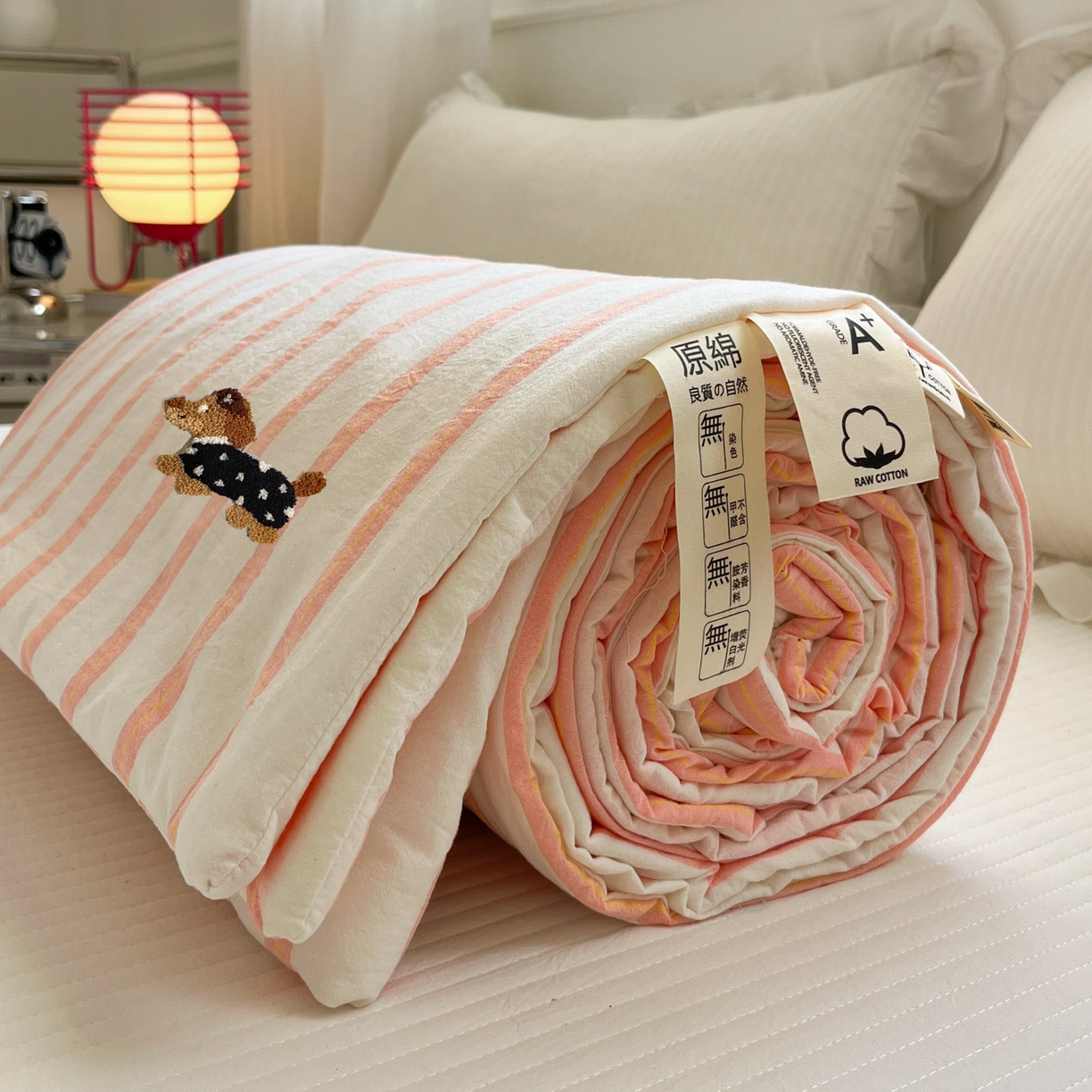 91家纺网 家纺一手货源 找家纺 一加一 2026新款全棉色织水洗棉毛巾绣大豆夏被夏凉被空调被-腊肠狗 腊肠狗-粉条