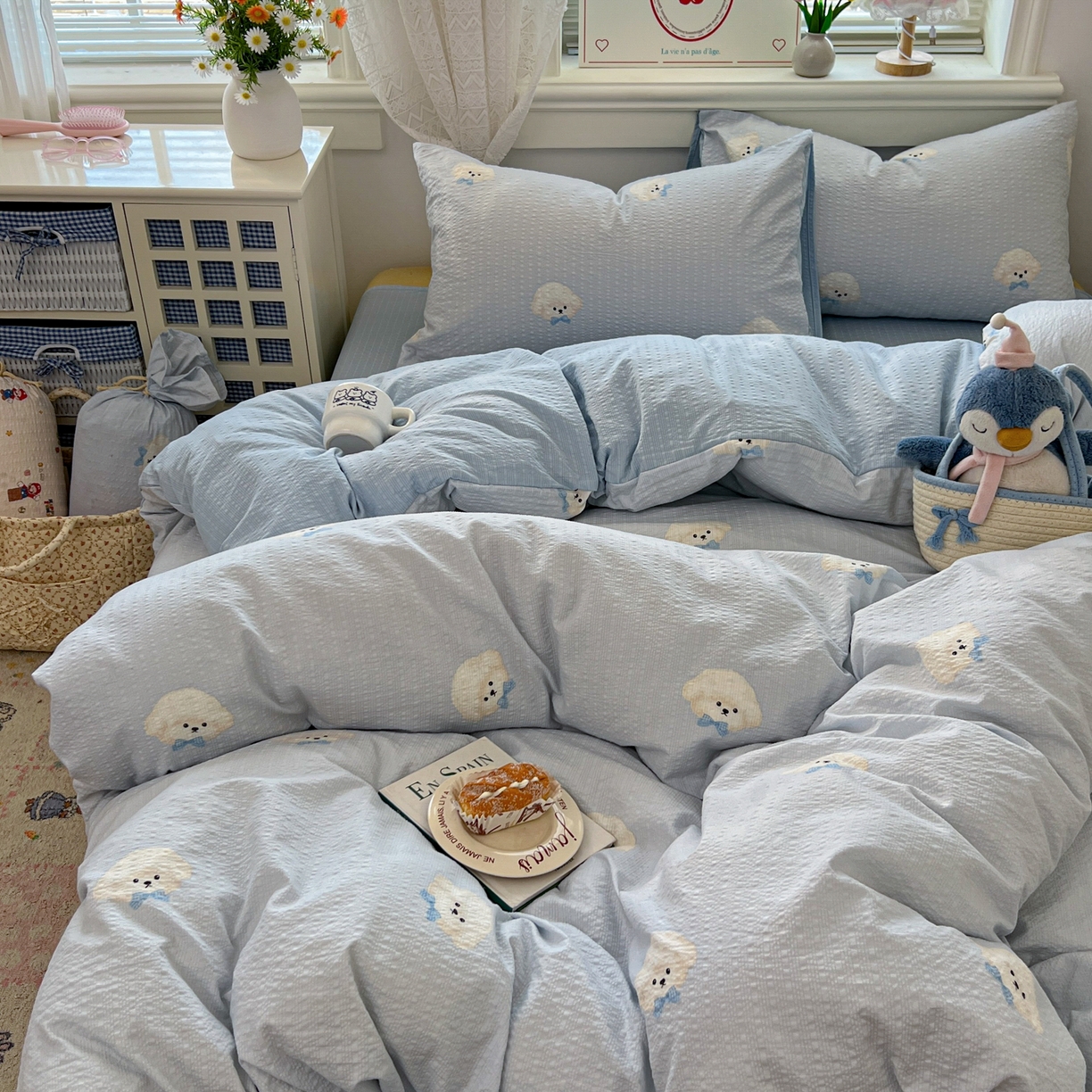 91家纺网 家纺一手货源 找家纺 暖伊家居 2026新款糖果小布袋泡芙纱四件套 棉花糖小狗