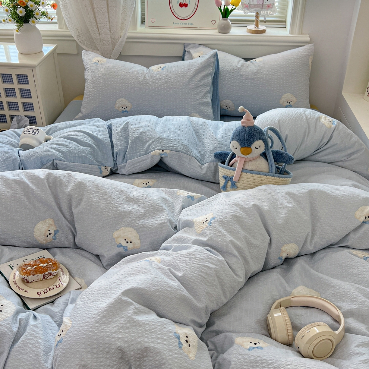 91家纺网 家纺一手货源 找家纺 暖伊家居 2026新款糖果小布袋泡芙纱四件套 棉花糖小狗