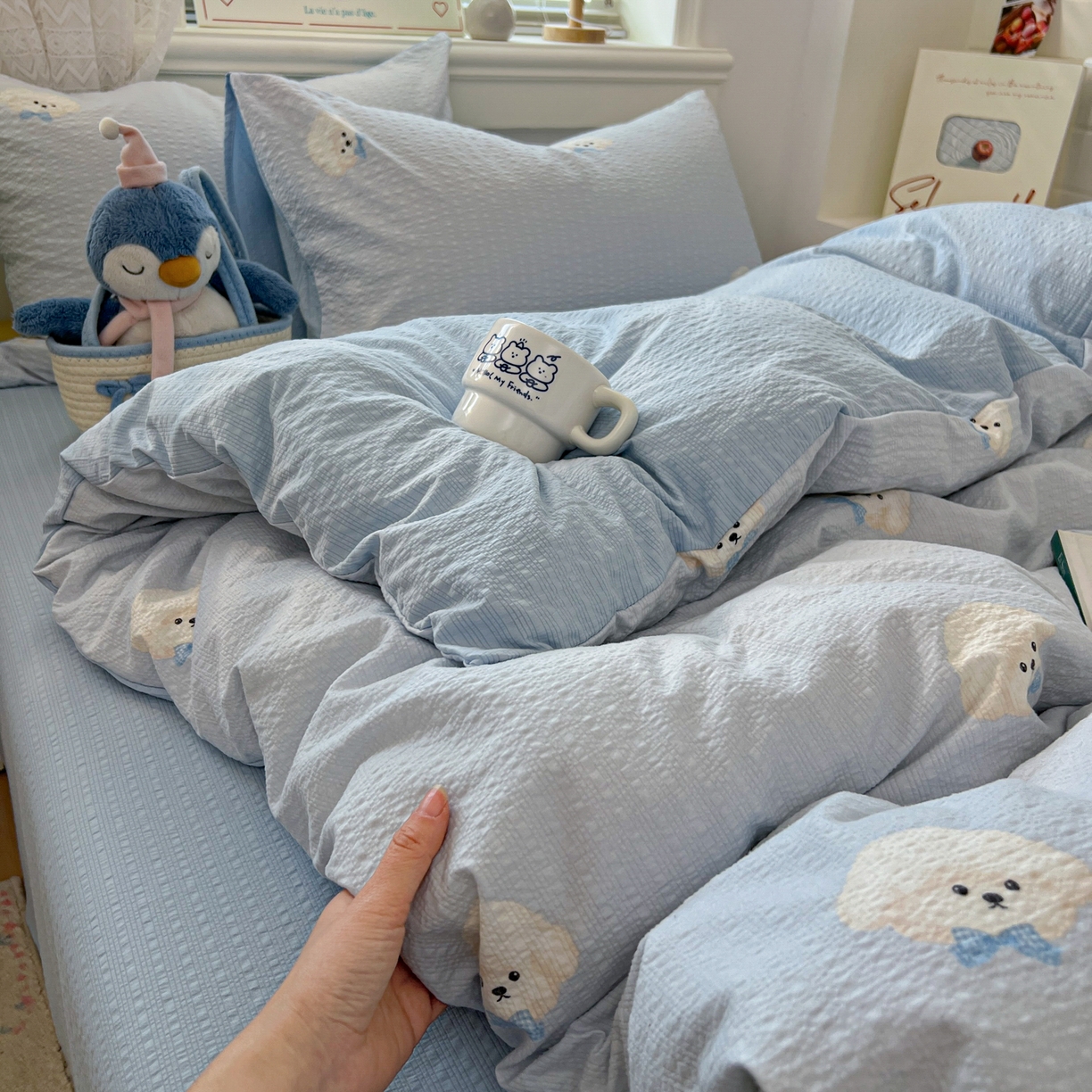 91家纺网 家纺一手货源 找家纺 暖伊家居 2026新款糖果小布袋泡芙纱四件套 棉花糖小狗