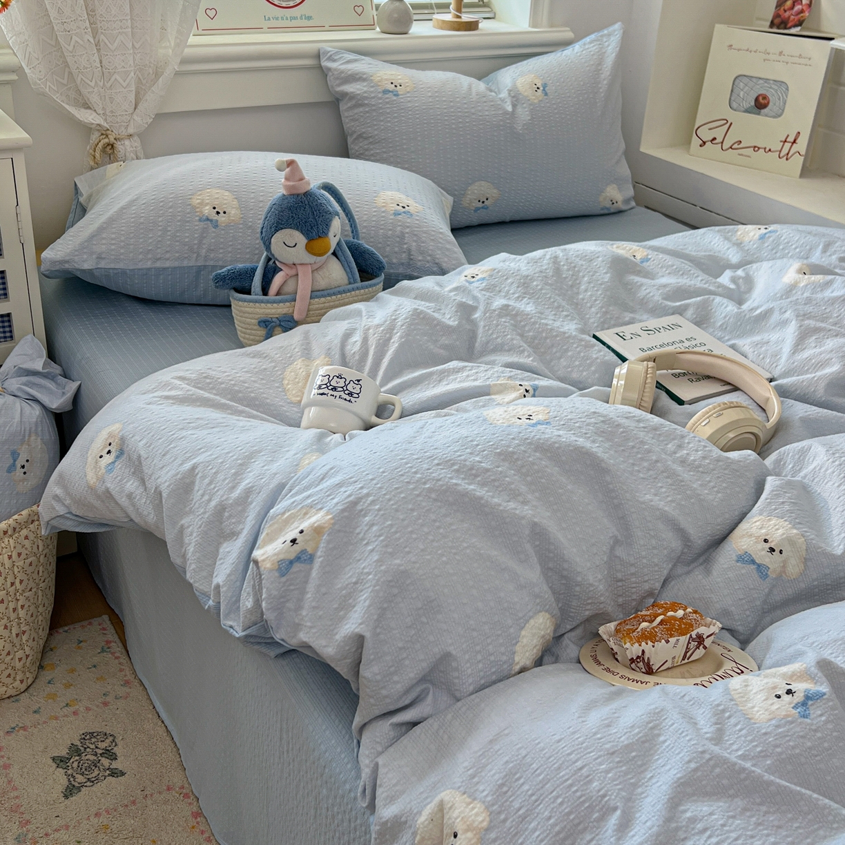 91家纺网 家纺一手货源 找家纺 暖伊家居 2026新款糖果小布袋泡芙纱四件套 棉花糖小狗