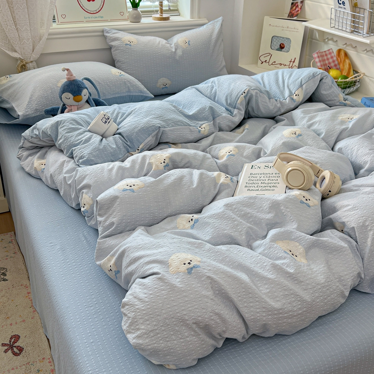 91家纺网 家纺一手货源 找家纺 暖伊家居 2026新款糖果小布袋泡芙纱四件套 棉花糖小狗