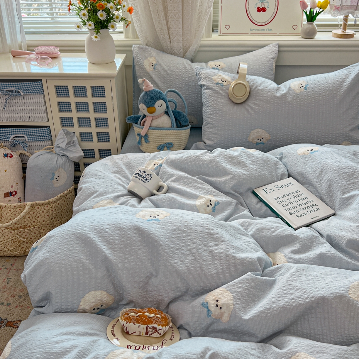 91家纺网 家纺一手货源 找家纺 暖伊家居 2026新款糖果小布袋泡芙纱四件套 棉花糖小狗