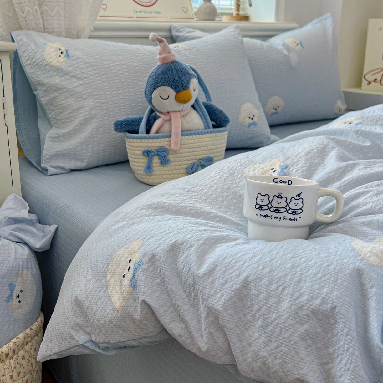 91家纺网 家纺一手货源 找家纺 暖伊家居 2026新款糖果小布袋泡芙纱四件套 棉花糖小狗