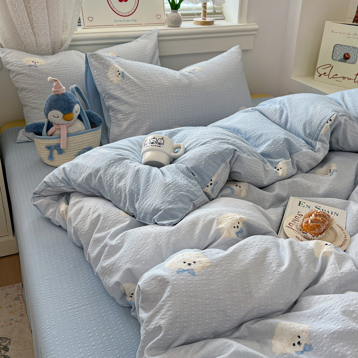 91家纺网 家纺一手货源 找家纺 暖伊家居 2026新款糖果小布袋泡芙纱四件套 棉花糖小狗