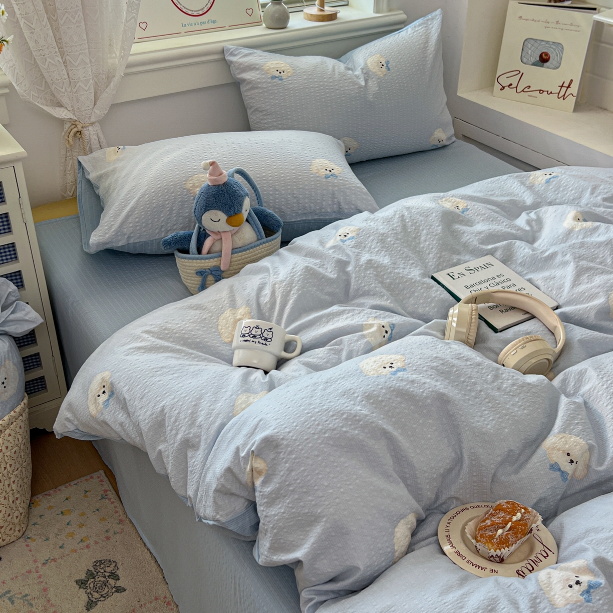 91家纺网 家纺一手货源 找家纺 暖伊家居 2026新款糖果小布袋泡芙纱四件套 棉花糖小狗