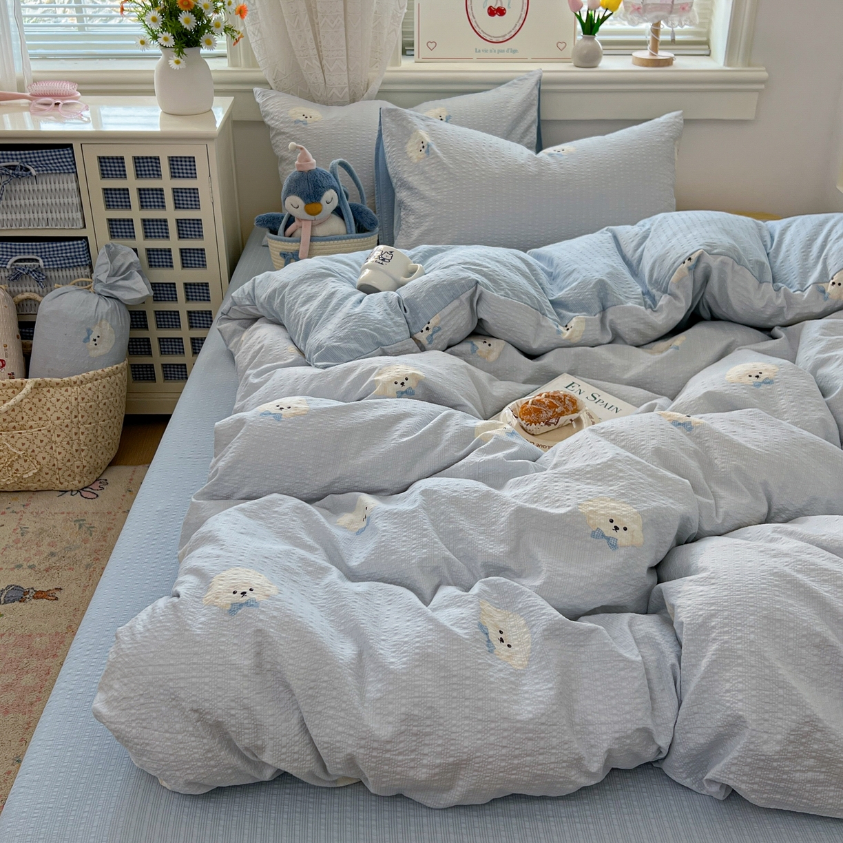 91家纺网 家纺一手货源 找家纺 暖伊家居 2026新款糖果小布袋泡芙纱四件套 棉花糖小狗