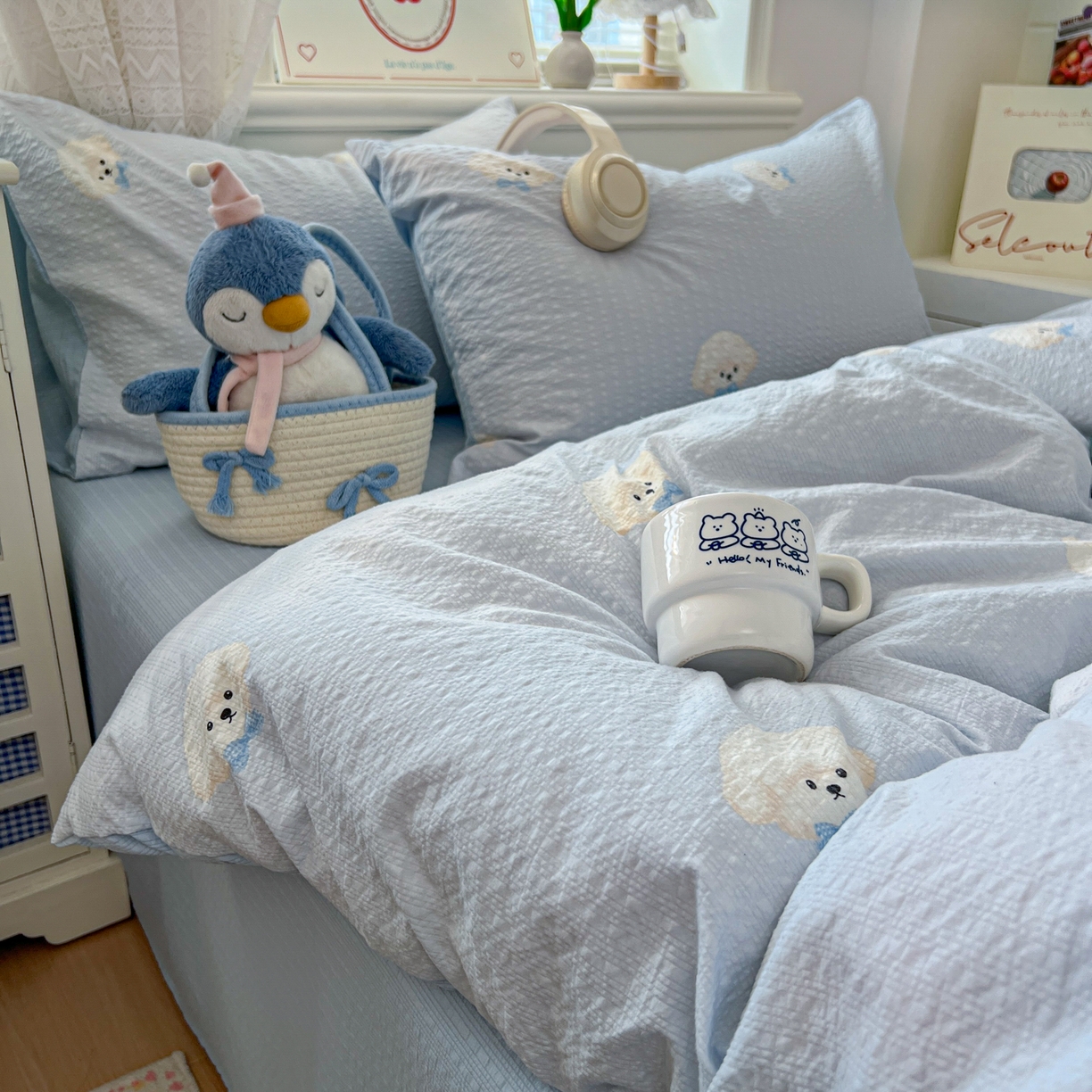 91家纺网 家纺一手货源 找家纺 暖伊家居 2026新款糖果小布袋泡芙纱四件套 棉花糖小狗