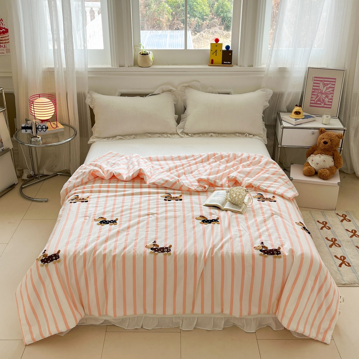 91家纺网 家纺一手货源 找家纺 一加一 2026新款全棉色织水洗棉毛巾绣大豆夏被夏凉被空调被-腊肠狗 腊肠狗-粉条