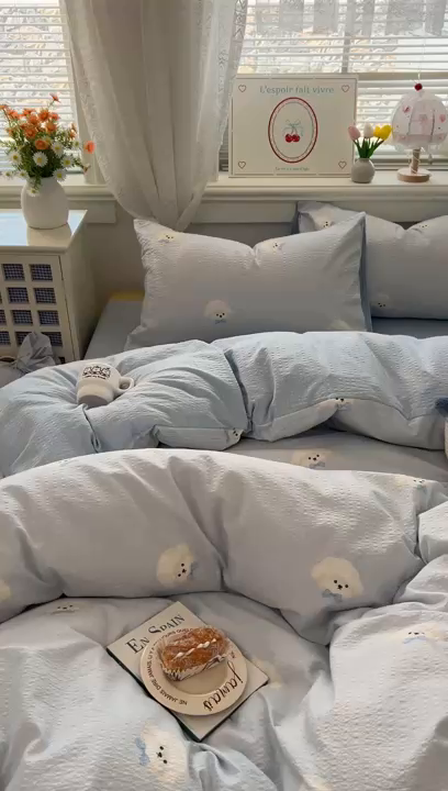 91家纺网 家纺一手货源 找家纺 暖伊家居 2026新款糖果小布袋泡芙纱四件套 棉花糖小狗