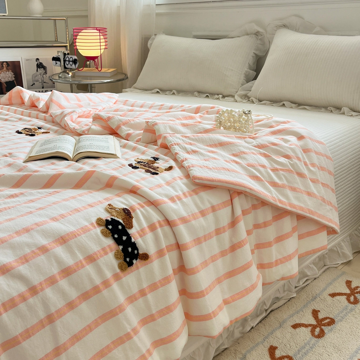 91家纺网 家纺一手货源 找家纺 一加一 2026新款全棉色织水洗棉毛巾绣大豆夏被夏凉被空调被-腊肠狗 腊肠狗-粉条