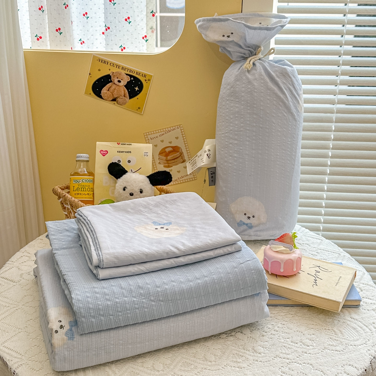 暖伊家居 2026新款糖果小布袋泡芙纱四件套 棉花糖小狗