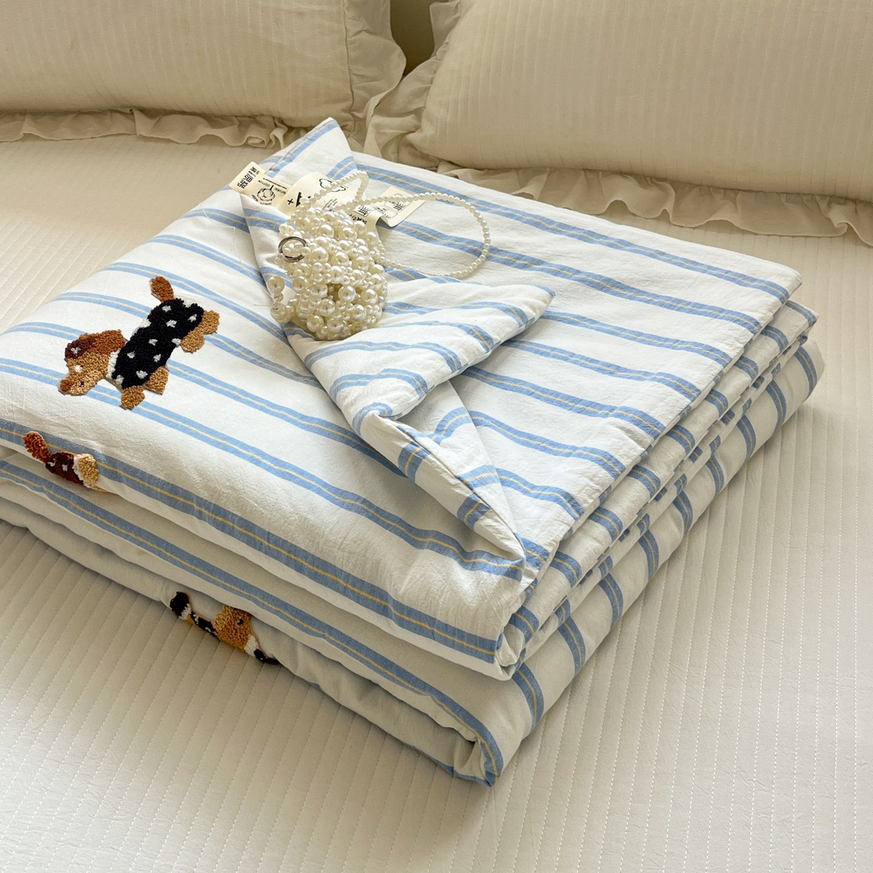 一加一 2026新款全棉色织水洗棉毛巾绣大豆夏被夏凉被空调被-腊肠狗 腊肠狗-海盐