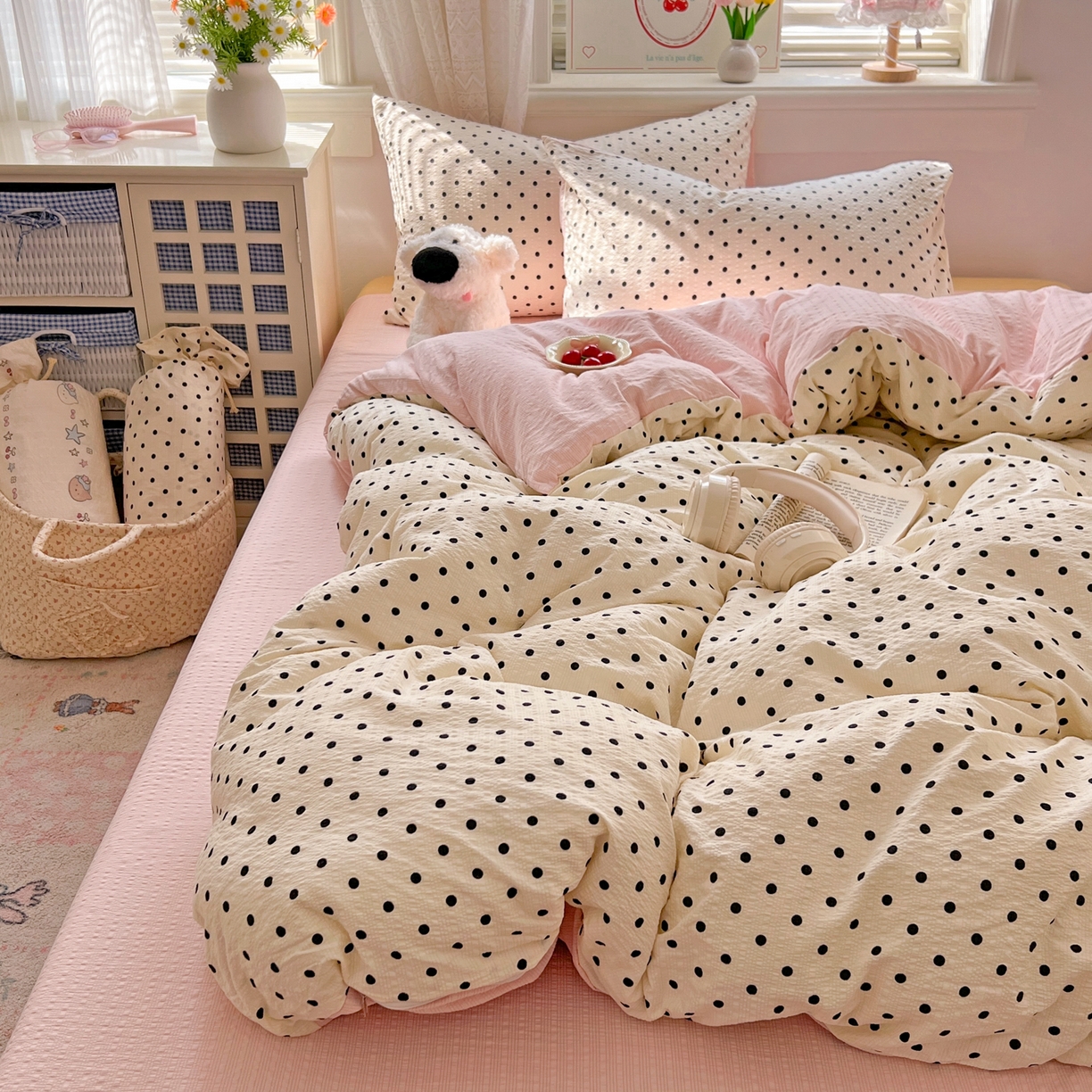 91家纺网 家纺一手货源 找家纺 暖伊家居 2026新款糖果小布袋泡芙纱四件套 奶油波点