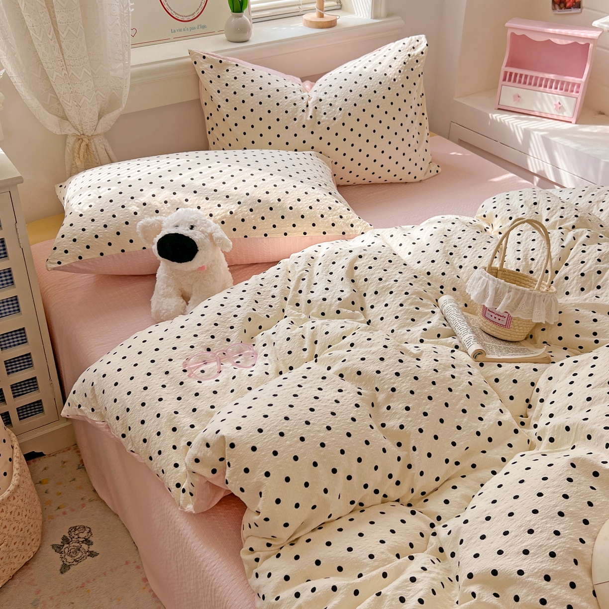 91家纺网 家纺一手货源 找家纺 暖伊家居 2026新款糖果小布袋泡芙纱四件套 奶油波点