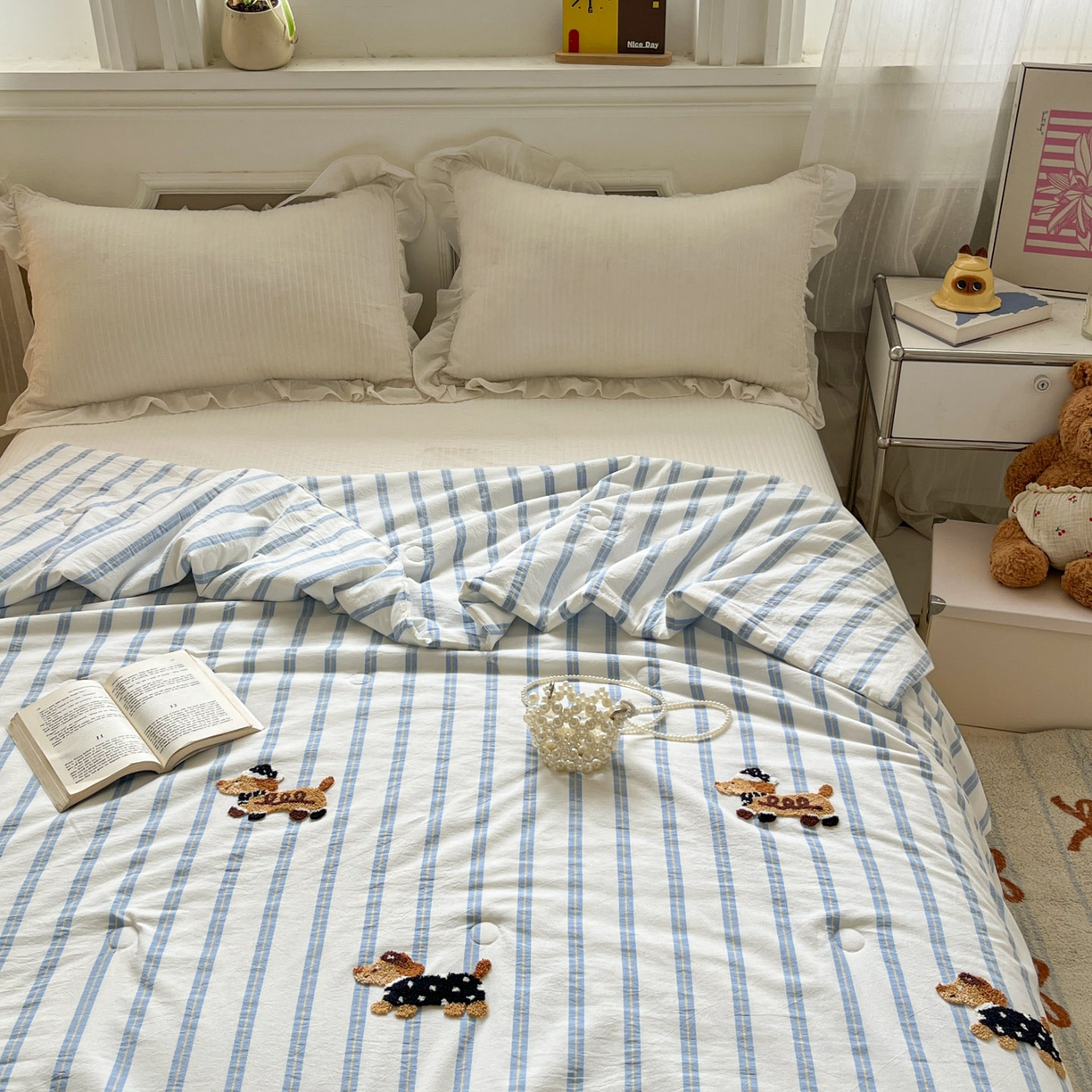 91家纺网 家纺一手货源 找家纺 一加一 2026新款全棉色织水洗棉毛巾绣大豆夏被夏凉被空调被-腊肠狗 腊肠狗-海盐