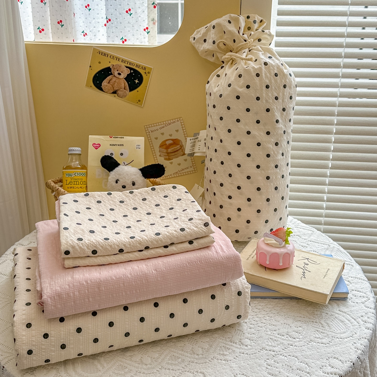 暖伊家居 2026新款糖果小布袋泡芙纱四件套 奶油波点